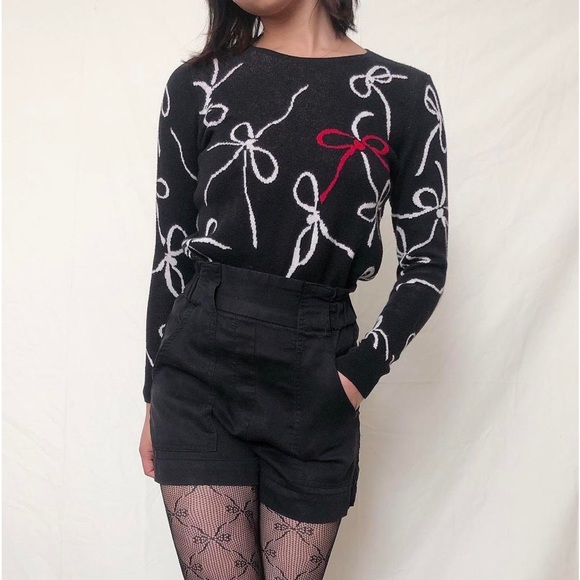 Ann Taylor pullover sweater black white red ribbon bows cotton women’s XSP - Picture 8 of 10